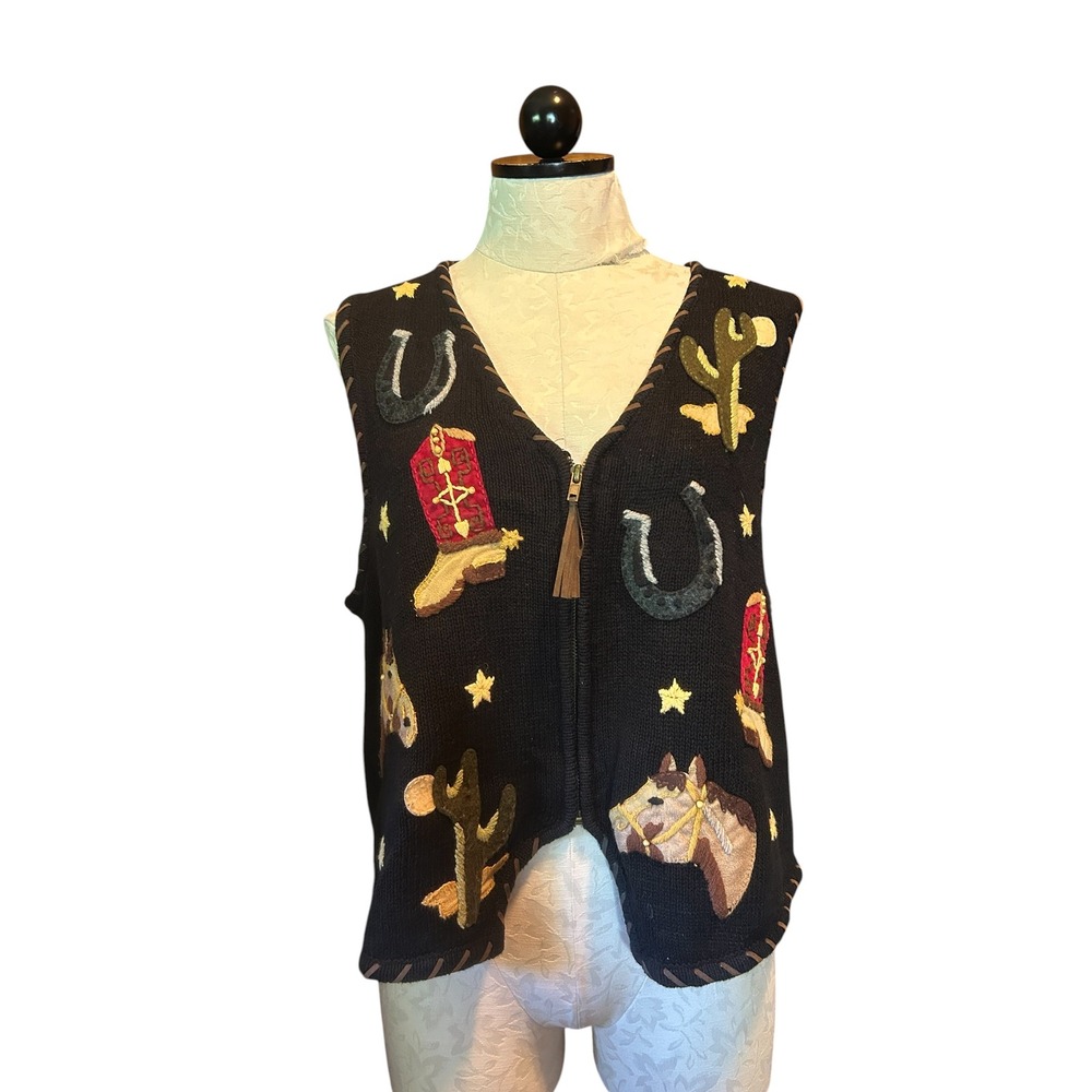 Tiara International Vintage Western Knit Vest Black Cowboy Equestrian Horse L